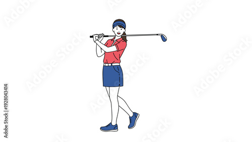 Athletic woman in red shirt and blue skirt performs a golf swing with club on white background representing sports and active lifestyle.