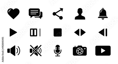 Black solid vector icons arranged in three rows of five featuring UI elements