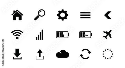 A 3x5 grid of 15 blackandwhite vector icons including navigation connectivity and status symbols