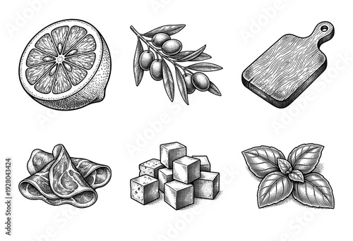 Vintage woodcut style collection of culinary ingredients featuring lemon, olives, wooden cutting board, prosciutto, sugar cubes, and fresh basil leaves.