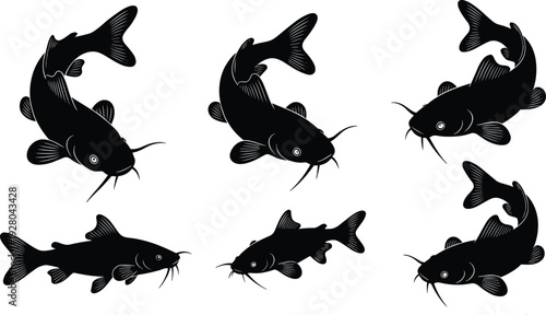Catfish silhouettes collection with freshwater fish in different poses vector illustration isolated on white background for fishing design