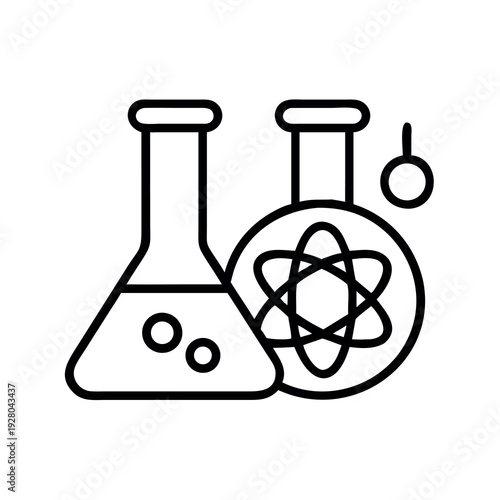Scientific illustration featuring laboratory flasks and an atom symbol, representing research and discovery.