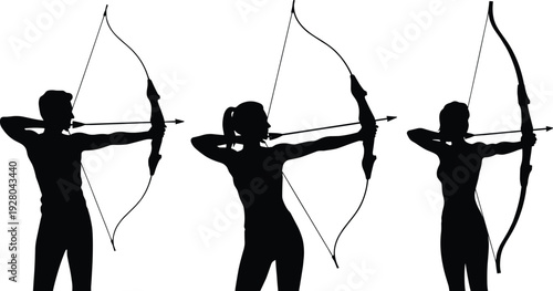 Archery silhouettes collection with female archers aiming bow and arrow vector illustration isolated on white background