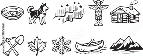 Collection of black and white line art icons representing Canadian northern wilderness and cultural symbols including a husky and canoe