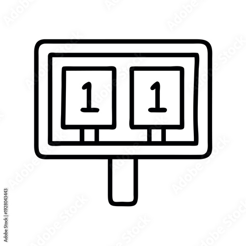Simple black and white outline icon of a scoreboard showing a tie score of 1-1.