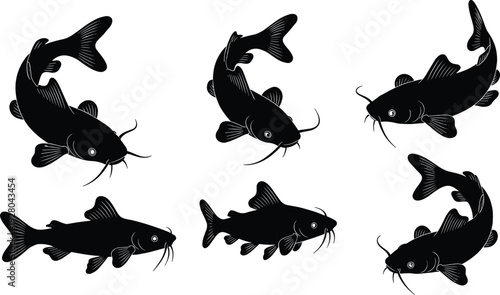 Catfish silhouettes set with freshwater fish in multiple poses vector illustration isolated on white background for fishing design