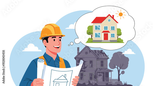 Happy architect wearing hard hat holds blueprints and dreams of new modern home while standing before old dilapidated house structure.