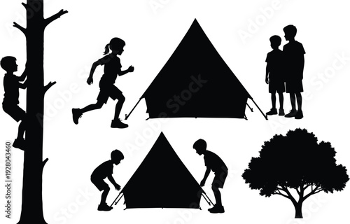 Children camping silhouettes set with kids playing, pitching tent and climbing tree vector illustration isolated on white background