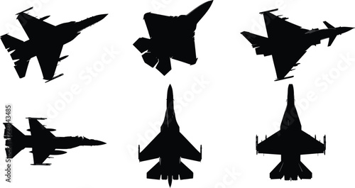 Modern fighter jet silhouettes collection with military aircraft in top and side views vector illustration isolated on white background