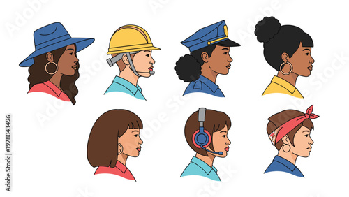 Set of profile illustrations showing seven diverse women in various professional and casual roles representing female empowerment and careers.