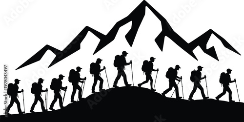 Mountain hiking silhouettes group trekking with backpacks and poles vector illustration isolated on white background for outdoor adventure design
