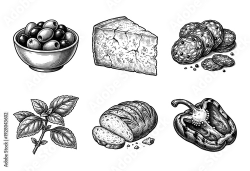 Vintage style hand drawn woodcut illustration set of Mediterranean food ingredients including olives cheese salami basil bread and bell pepper