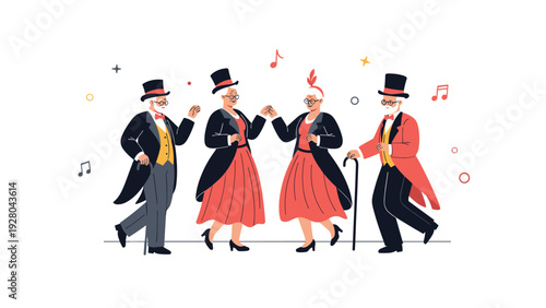 Two elegant elderly couples in formal red and black attire enjoy dancing and social music celebration on white background.