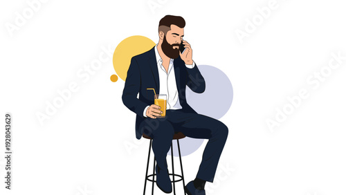 Sophisticated bearded businessman in dark suit sits on stool talking on mobile phone while holding glass of orange juice.