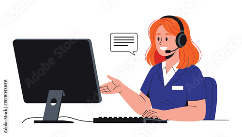 Professional female customer service representative with headset works at computer providing support and assistance to clients.