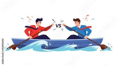 Two angry businessmen in a boat rowing in opposite directions with vs text symbolizing internal conflict or business rivalry.