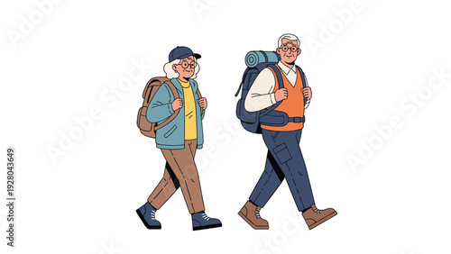 Active elderly couple wearing backpacks and hiking gear walks together on white background representing retirement adventure and health.