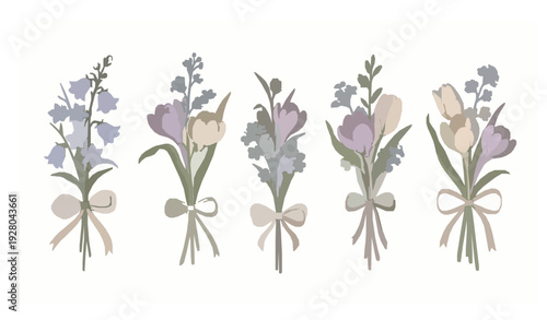 Spring Bouquet Clip Art Set with Bellflowers, Tulips, Crocus and Forget Me Not – Ribbon Bow Floral Collection