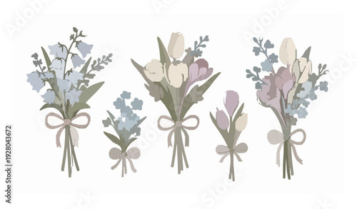 Preppy Spring Floral Bouquets with Ribbon Bows – Delicate Flower Clip Art Set
