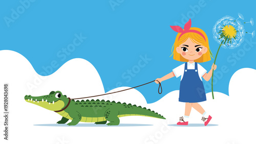 Confident young girl walks large green crocodile on a leash while holding dandelion flower against blue sky and white clouds.