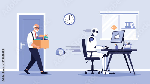 Senior businessman leaves office with box of belongings while modern robot works at computer representing job automation trends.