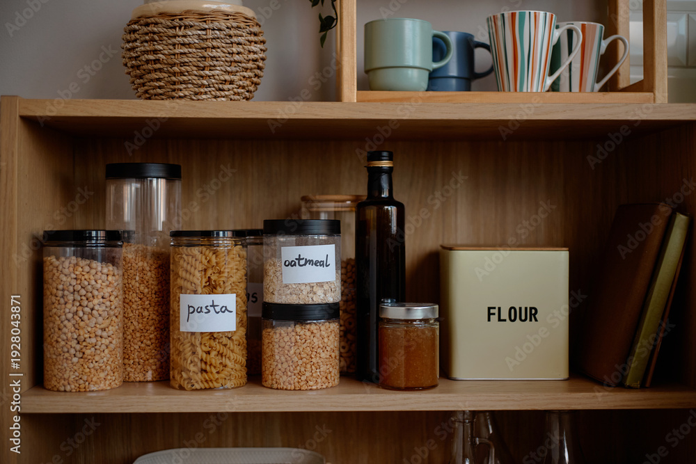 Fototapeta premium Kitchen shelf displaying transparent containers filled with pasta, oatmeal, lentils, glass bottle of oil, jar of honey, metal flour tin, stacked mugs and woven basket on upper shelf