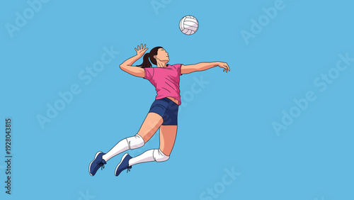 Energetic female volleyball player jumping high in the air to spike the ball during a competitive match on blue.