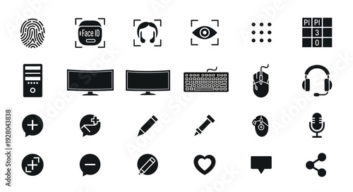 A grid of black and white technology and interface icons