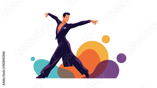 Elegant male ballroom dancer performing a dynamic move with abstract colorful shapes and circles in the background.