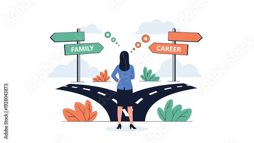 Businesswoman standing at a crossroads to choose between a path to family or a path to her professional career.