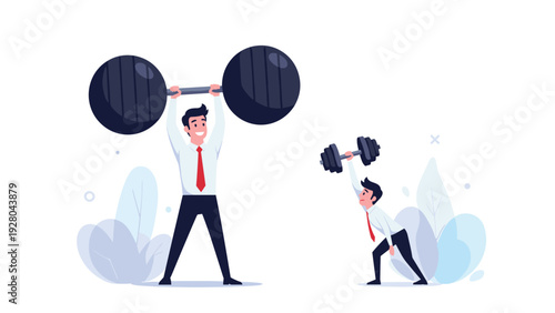 Successful businessman easily lifting massive weights while a smaller colleague struggles with a tiny dumbbell.