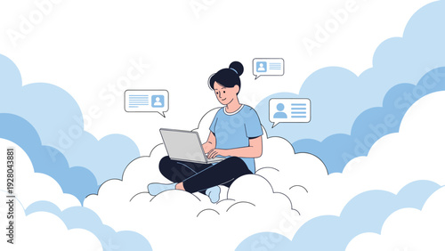 Creative woman sitting on a fluffy cloud while working on her laptop with digital chat bubbles floating around.