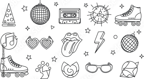 Retro Disco Party Icon Set with Roller Skates, Cassette Tape, Disco Ball, Lightning Bolt, Sunglasses and Vintage Music Symbols Line Art Vector Collection