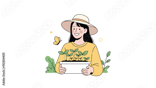 Smiling girl in a sun hat holding a white tray with fresh green seedlings ready for planting in a garden.
