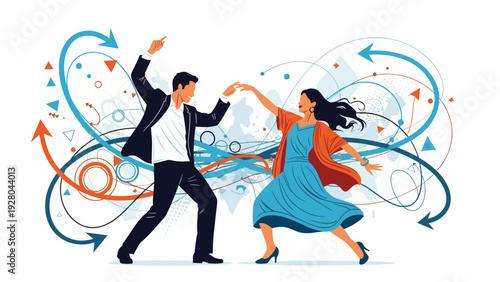 Joyful couple dancing together with dynamic abstract swirls and colorful shapes to celebrate their relationship.