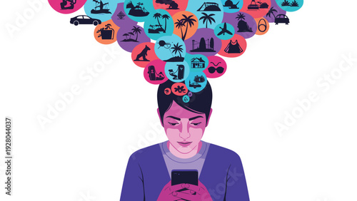Young person looking at a smartphone with a massive cloud of travel and vacation icons floating above their head.