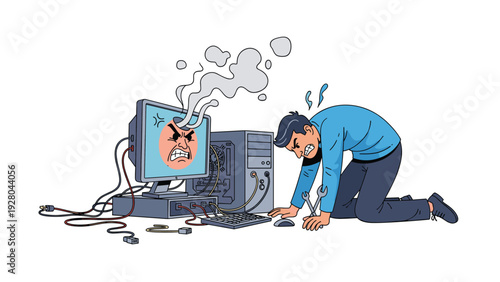 Frustrated man kneeling in front of a smoking computer with an angry face on the screen while trying to repair it.