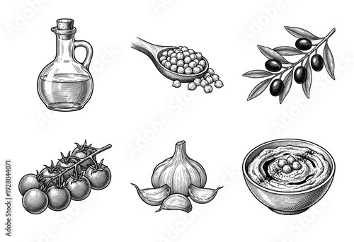 Vintage woodcut style collection of Mediterranean ingredients featuring olive oil, chickpeas, garlic, cherry tomatoes, and hummus bowl.