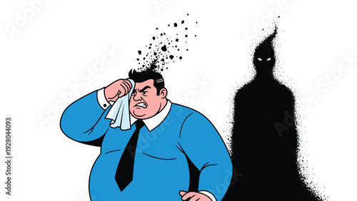 Stressed businessman wiping sweat from his forehead while being followed by a dark, shadowy figure of death.