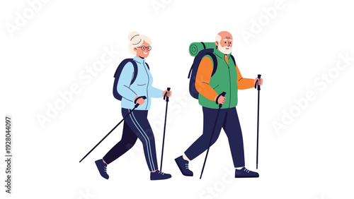 Active elderly couple with backpacks and poles hiking together through a minimalist and clean white landscape.