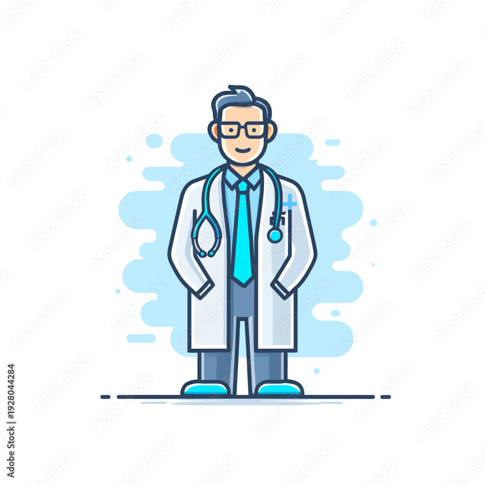 Obraz premium Flat design illustration of a male doctor in a white coat with a stethoscope around his neck, wearing glasses, representing healthcare professionals and medical services