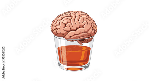 A detailed pink human brain is partially submerged in an amber-colored liquid within a clear glass tumbler.