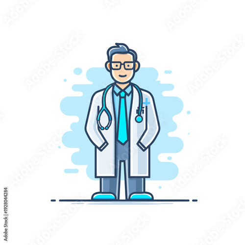 Flat design illustration of a male doctor in a white coat with a stethoscope around his neck, wearing glasses, representing healthcare professionals and medical services