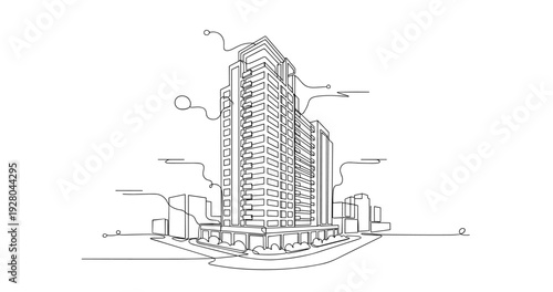 Residential high rise tower overlooking urban street intersection. No editable stroke