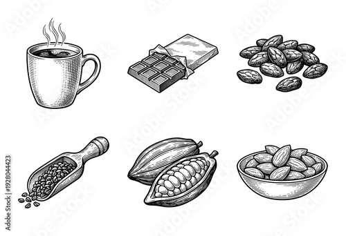 Set of hand drawn monochrome illustrations featuring coffee, chocolate, cocoa pods, and almonds in a classic woodcut engraving style