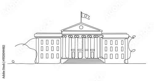 Government building facade standing with flag on rooftop. No editable stroke