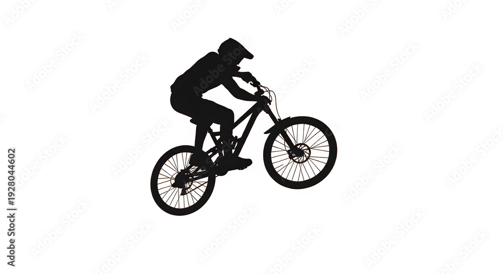 Fototapeta premium Young rider performs a jump on a mountain bike in a sports area during the afternoon hours