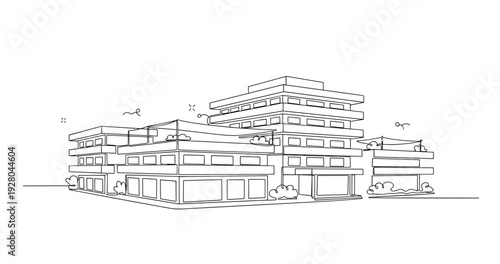 Commercial building complex arranged in minimalist line drawing cityscape. No editable stroke