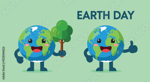 Cartoon Earth Characters Holding Tree and Thumbs Up.