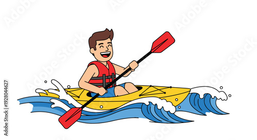 A smiling man wearing a red life vest is actively paddling a yellow kayak through choppy blue waves, creating splashes of water.